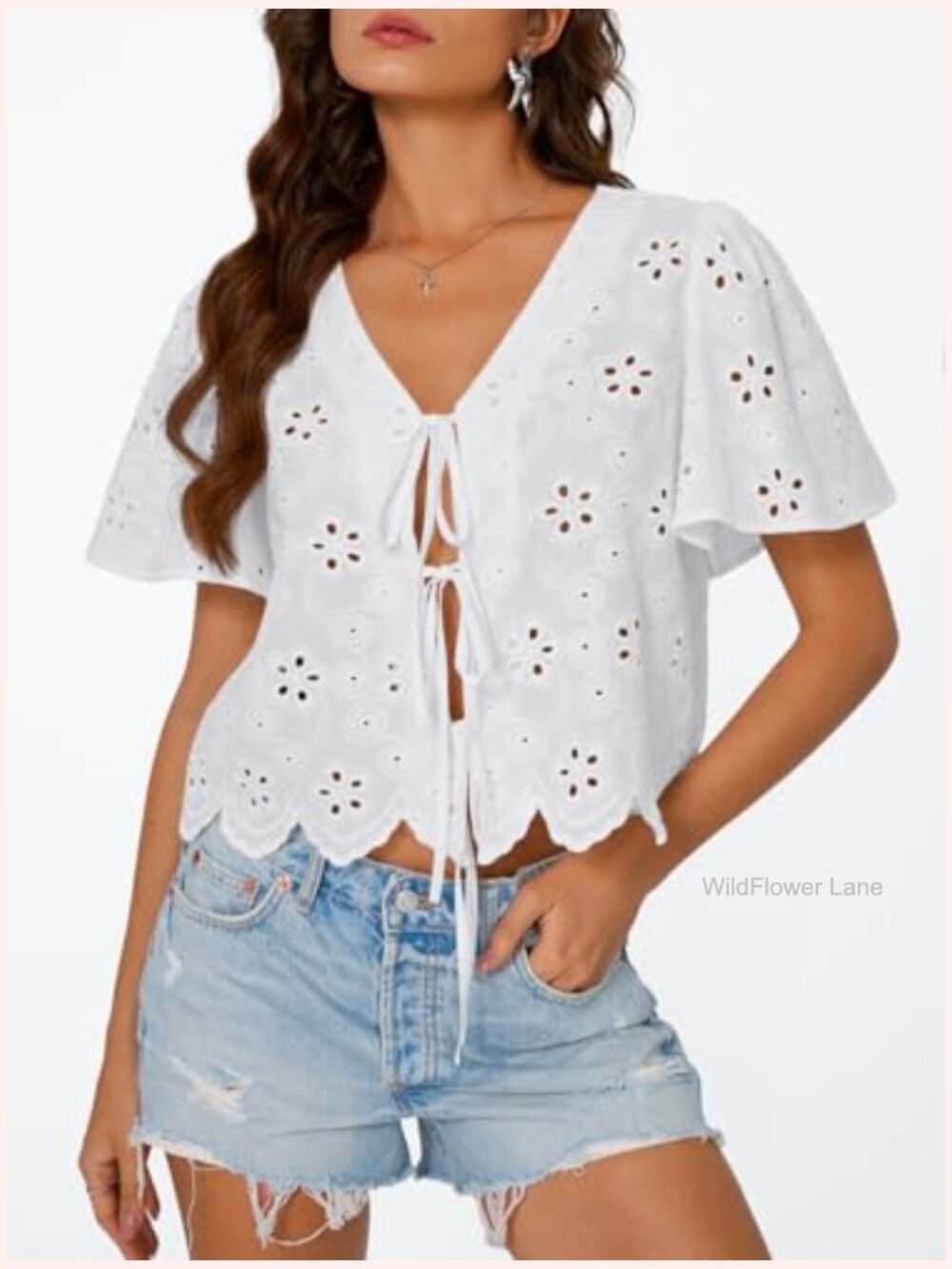 Eyelet Tie-Front Boho Blouse Sleeveless Crop Top Y2k - Picture 2 of 6